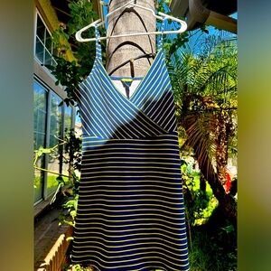 Navy blue, yellow striped, short skater dress!